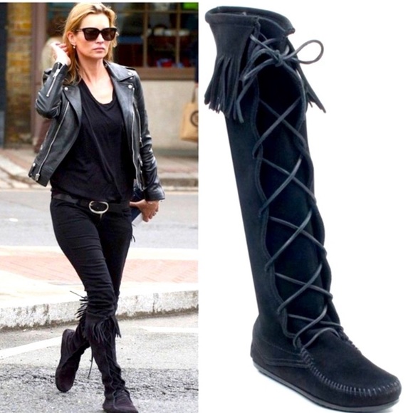 LIKE🆕MINNETONKA CHESTNUT BROWN SUEDE LACEUP FRINGE MOCCASIN KNEE BOOTS - Picture 15 of 16